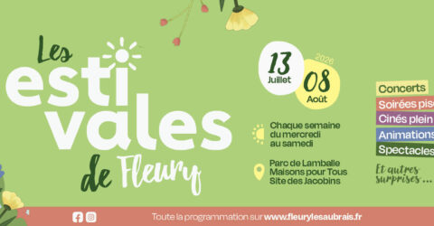 Estivales de Fleury 2026. Programmation estivale du 13 juillet au 8 août 2026, organisée chaque semaine du mercredi au samedi au parc de Lamballe, dans les Maisons pour Tous et sur le site des Jacobins. Au programme : concerts, soirées piscine, cinémas de plein air, animations sportives, spectacles et autres surprises.